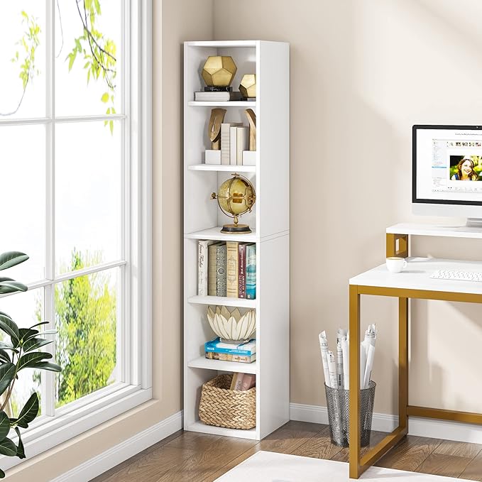 70.9 Inch Tall Narrow Bookcase, Corner Bookshelf 6 Tier Cube Display Shelf Storage Organizer for Small Space, White - LeafyLoom
