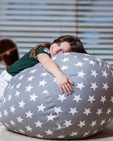 Wekapo Stuffed Animal Storage Bean Bag Chair Cover for Kids | Stuffable Zipper Beanbag for Organizing Children Plush Toys Large Premium Cotton Canvas (Grey star, X-Large) - LeafyLoom