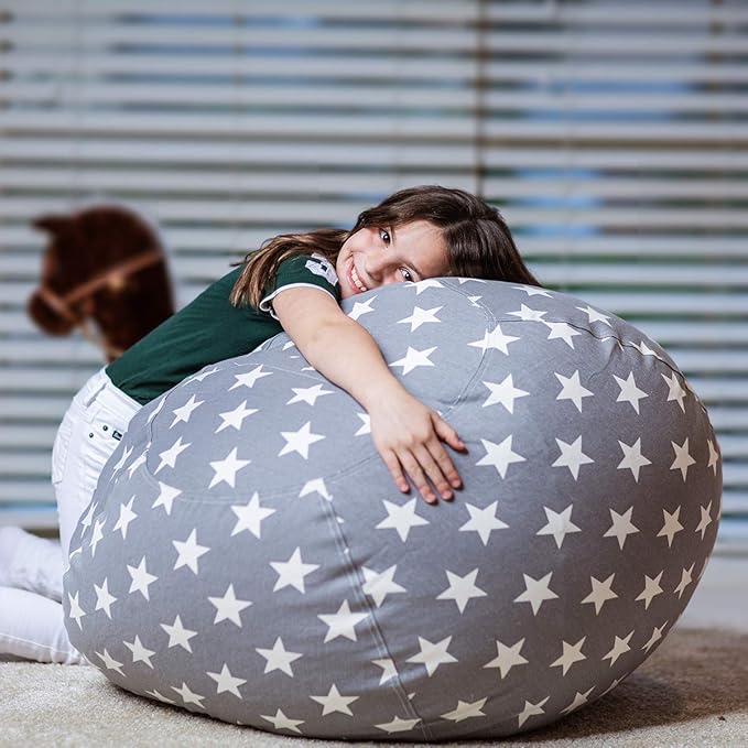 Wekapo Stuffed Animal Storage Bean Bag Chair Cover for Kids | Stuffable Zipper Beanbag for Organizing Children Plush Toys Large Premium Cotton Canvas (Grey star, X-Large) - LeafyLoom