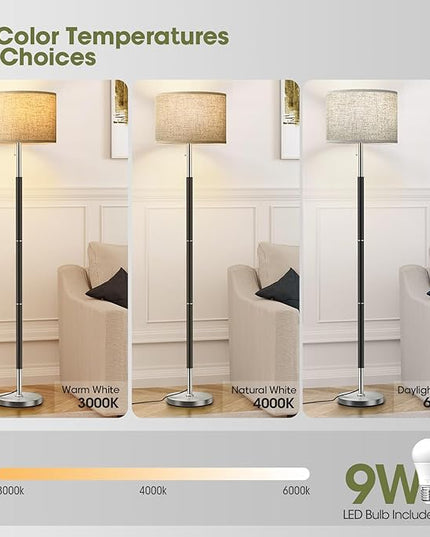 Bright Floor Lamps with 3 Color Temperatures(3000K/4000K/6000K) Standing Lamps with Beige Linen Lampshade Pole Lamp with Pull Chain Switch for Bedroom Office, 9W Bulb Included, Black and Silver - LeafyLoom