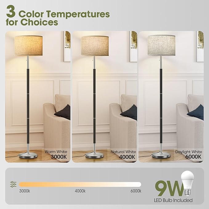 Bright Floor Lamps with 3 Color Temperatures(3000K/4000K/6000K) Standing Lamps with Beige Linen Lampshade Pole Lamp with Pull Chain Switch for Bedroom Office, 9W Bulb Included, Black and Silver - LeafyLoom