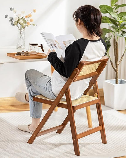 Rattan Folding Chair, Modern Mid Century Dining Chairs Set of 1, Comfy Outdoor Bamboo Chairs for Bedroom Living Room Reading Room Dining Kitchen, Walnut - LeafyLoom