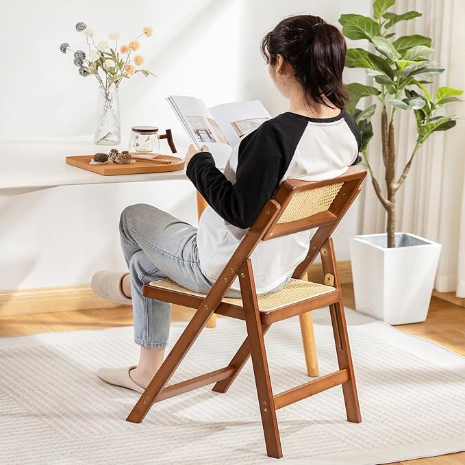Rattan Folding Chair, Modern Mid Century Dining Chairs Set of 1, Comfy Outdoor Bamboo Chairs for Bedroom Living Room Reading Room Dining Kitchen, Walnut - LeafyLoom