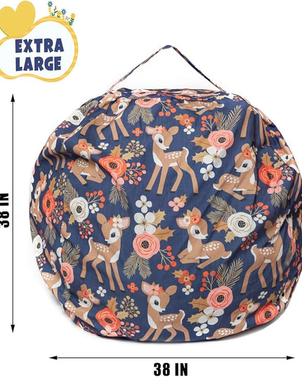 Stuffed Animal Storage Bean Bag Chair Cover, Hold Kids Plush Toys Blankets Towels Beanbag (Cover Only), Canvas Floor Circle Stuff Sit Seat Sofa with YKK Zipper, Extra Large 38", Fawn - LeafyLoom