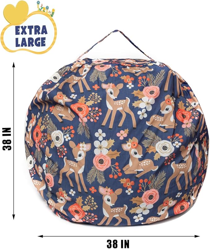 Stuffed Animal Storage Bean Bag Chair Cover, Hold Kids Plush Toys Blankets Towels Beanbag (Cover Only), Canvas Floor Circle Stuff Sit Seat Sofa with YKK Zipper, Extra Large 38", Fawn - LeafyLoom