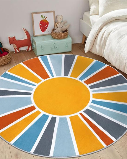 Topotdor Sun Rainbow Round Rug 4ft Boho Kids Nursery Rug, Colorful Washable Area Rug Ultra Soft Circle Classroom Rug Non-Slip for Bedroom Living Room Playroom Decor, Blue - LeafyLoom