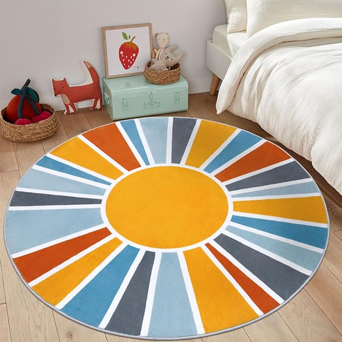 Topotdor Sun Rainbow Round Rug 4ft Boho Kids Nursery Rug, Colorful Washable Area Rug Ultra Soft Circle Classroom Rug Non-Slip for Bedroom Living Room Playroom Decor, Blue - LeafyLoom