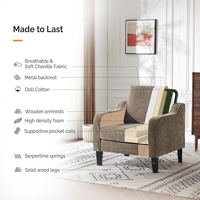 VINGLI Accent Chair for Living Room Chairs Light Brown Reading Chair for Bedroom Scooped Arm Chair Mid Century Modern Accent Chairs Upholstered Comfy Chair for Apartment, Waiting Room - LeafyLoom