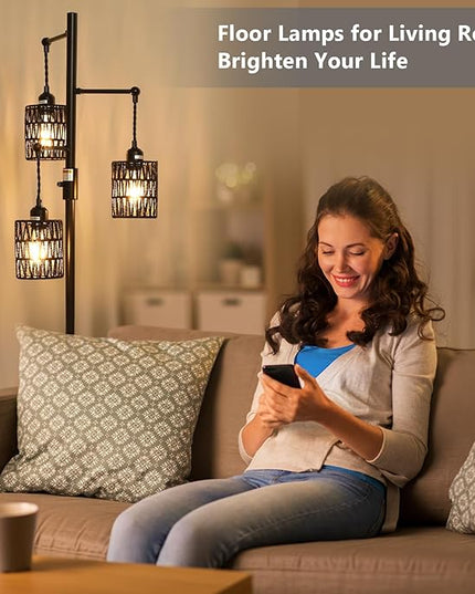 Rattan Floor Lamp, 3-Lights Boho Floor Lamp with Stepless Dimmer, 65" Farmhouse Rustic Floor Lamps for Living Room, Tall Floor Lamp with Rattan Shades, Dimmable Standing Lamp for Bedroom Black - LeafyLoom