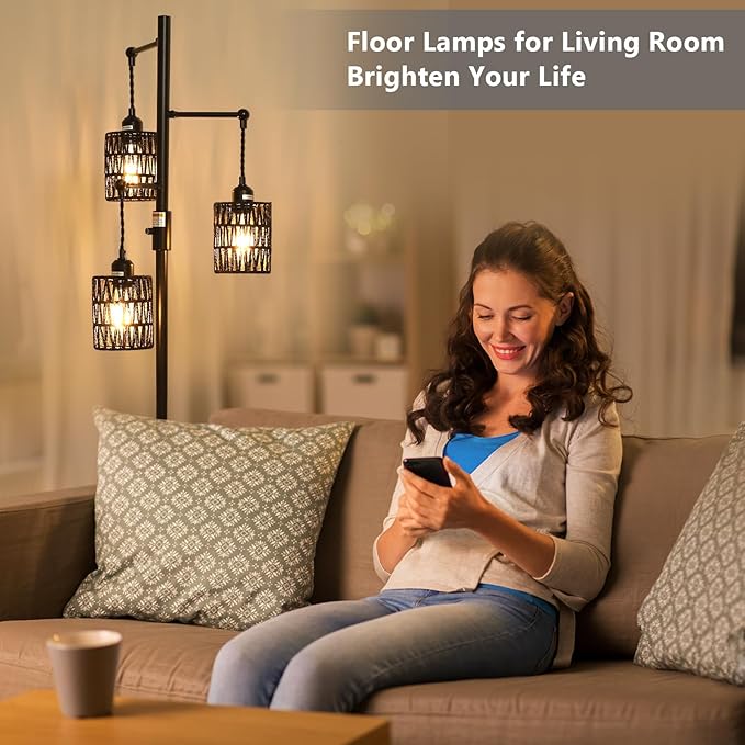 Rattan Floor Lamp, 3-Lights Boho Floor Lamp with Stepless Dimmer, 65" Farmhouse Rustic Floor Lamps for Living Room, Tall Floor Lamp with Rattan Shades, Dimmable Standing Lamp for Bedroom Black - LeafyLoom