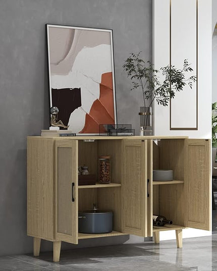 Panana Buffet Storage Cabinet with Rattan Decorating 4 Doors Living Room Kitchen Sideboard 48.43 x 34.65 x 15 inch (Natural Wood) - LeafyLoom