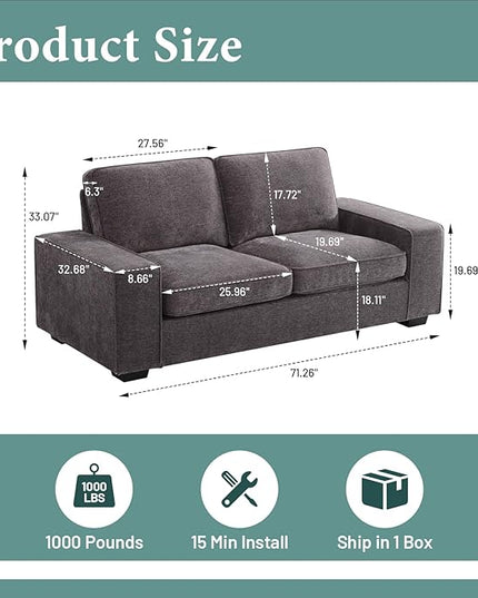 EASELAND 71" Loveseat, Small Chenille Loveseat for Small Spaces, 2-Seater Modern Deep Seat Couch with Removable Back and Cushions, Lounge Sofa for Bedroom with Wood Legs and Fluffy Armrest(Dark Grey) - LeafyLoom