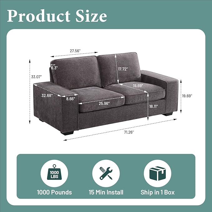 EASELAND 71" Loveseat, Small Chenille Loveseat for Small Spaces, 2-Seater Modern Deep Seat Couch with Removable Back and Cushions, Lounge Sofa for Bedroom with Wood Legs and Fluffy Armrest(Dark Grey) - LeafyLoom