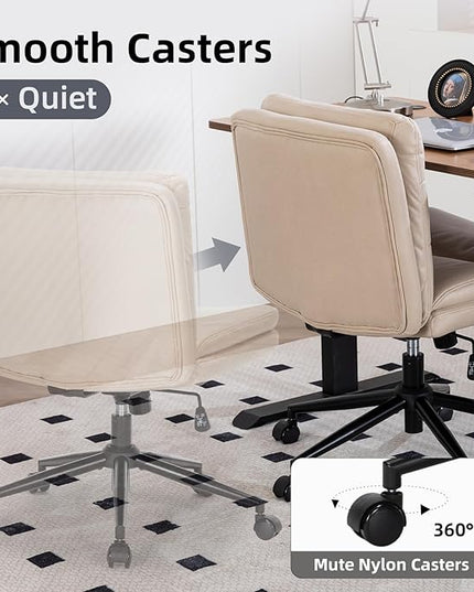 Armless Office Chair with Wheels Wide Desk Chair Leather Mid Back Accent Chair Padded Swivel Vanity Chair for Girl Women Computer Task Chair for Home Office (Suede Fabric, Beige) - LeafyLoom