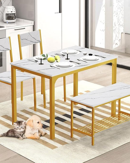 SogesHome Home Kitchen Table Set for 4, Compact Dining Table Chair Set, 4 Pieces Table Chair Bench Set for Small Place, Apartment, Golden - LeafyLoom