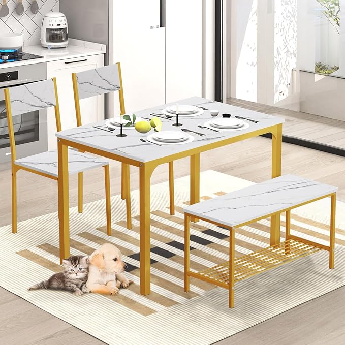 SogesHome Home Kitchen Table Set for 4, Compact Dining Table Chair Set, 4 Pieces Table Chair Bench Set for Small Place, Apartment, Golden - LeafyLoom