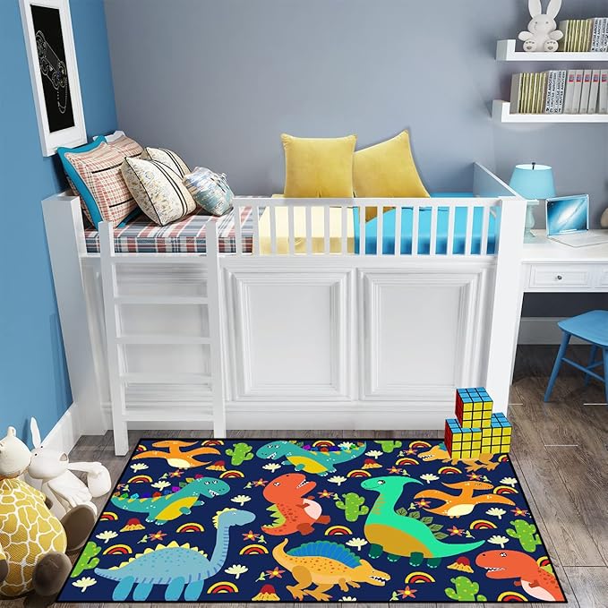 Dinosaur Carpet for Boys Room Dinosaurs Area Rugs Cute Dinosaur Cartoon Carpet Kids Rug Boys Room Rug for Kids Playroom Classroom and Livingroom,Blue 3'×5' - LeafyLoom