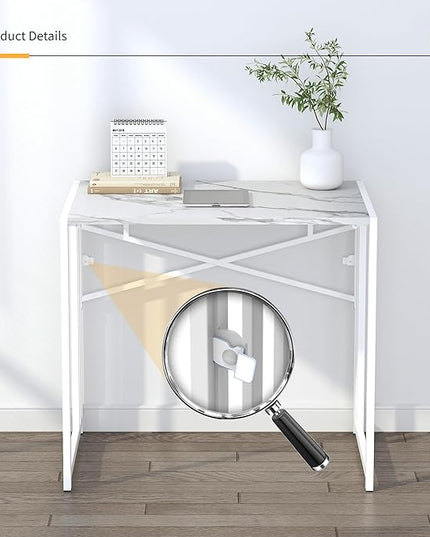 32 inch Folding Small Desk, Writing Gaming Computer Camping Desk for Small Spaces, No Assembly Required Home Office Desk, White Marble - LeafyLoom