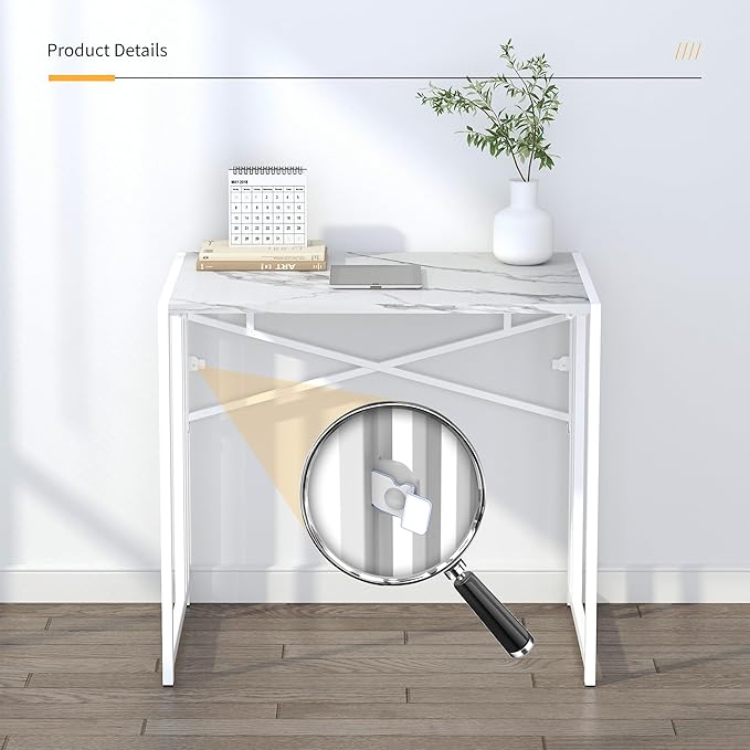 32 inch Folding Small Desk, Writing Gaming Computer Camping Desk for Small Spaces, No Assembly Required Home Office Desk, White Marble - LeafyLoom