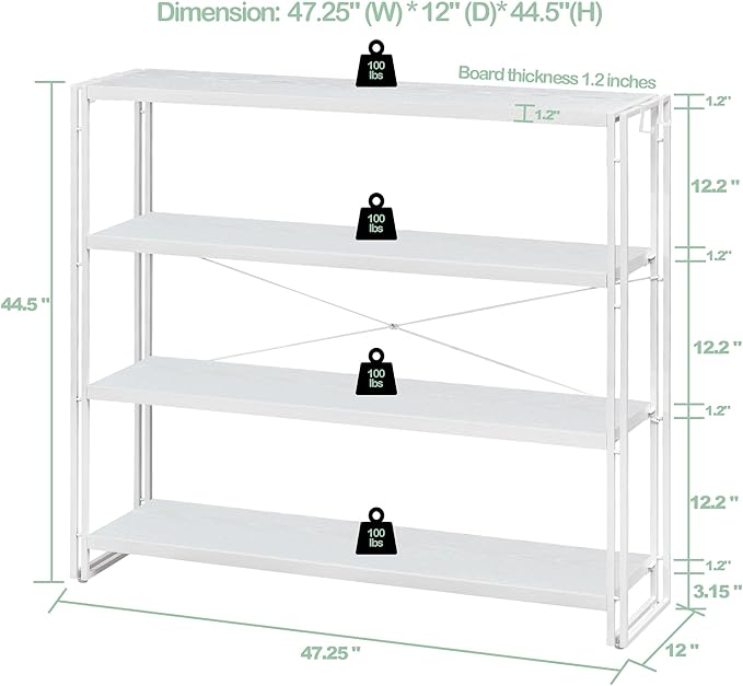 HCHQHS Bookshelf, 4-Tier Industrial Bookcase, White Open Book Shelf, Freestanding Tall Bookshelves with Metal Frame - LeafyLoom