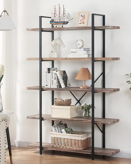 HOMISSUE Bookshelf,5-Tier Bookshelf Industrial Bookcase and Bookshelves,Rustic Storage Rack with Open Shelves for Living Room Bedroom and Kitchen,Retro Brown - LeafyLoom