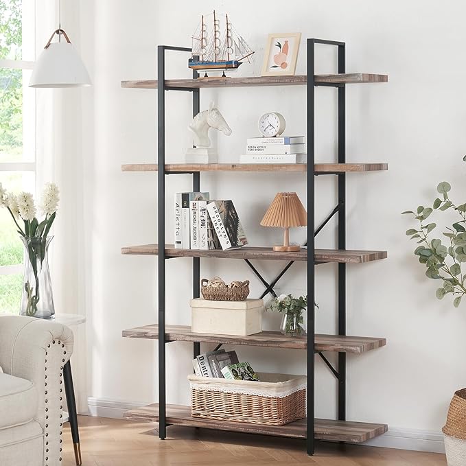 HOMISSUE Bookshelf,5-Tier Bookshelf Industrial Bookcase and Bookshelves,Rustic Storage Rack with Open Shelves for Living Room Bedroom and Kitchen,Retro Brown - LeafyLoom