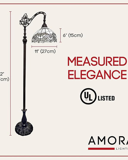 Amora Tiffany Floor Lamp - Arched, Stained Glass 62” - Traditional White Mahogany with Foot Switch Operation and Adjustable Lamp Shade - Custom Handcrafted Floor Lamps for Living Room - LeafyLoom
