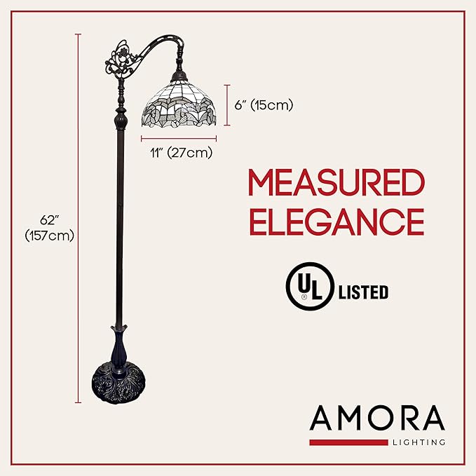 Amora Tiffany Floor Lamp - Arched, Stained Glass 62” - Traditional White Mahogany with Foot Switch Operation and Adjustable Lamp Shade - Custom Handcrafted Floor Lamps for Living Room - LeafyLoom