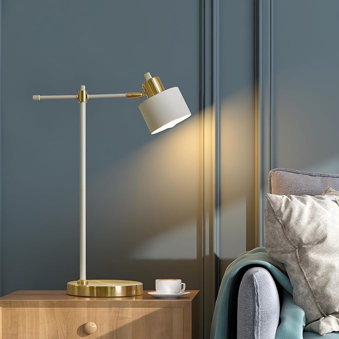 OYEARS Modern Industrial Desk Lamp for Reading LED 22.2“ Metal Table Lamp Light for Office Bedroom Study Room Living Room Nightstand Bedside Lamps Gold and Matte Black Accent (White, Bulb Included) - LeafyLoom