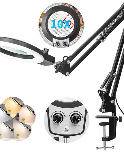 10X Magnifying Glass with Light, KIRKAS Any Color Modes & Stepless Dimming LED Magnifying Lamp with Clamp, Hands Free Lighted Magnifier Glass Lens for Crafts Hobby Reading Painting Close Work - LeafyLoom