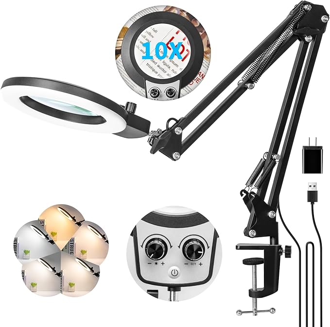 10X Magnifying Glass with Light, KIRKAS Any Color Modes & Stepless Dimming LED Magnifying Lamp with Clamp, Hands Free Lighted Magnifier Glass Lens for Crafts Hobby Reading Painting Close Work - LeafyLoom