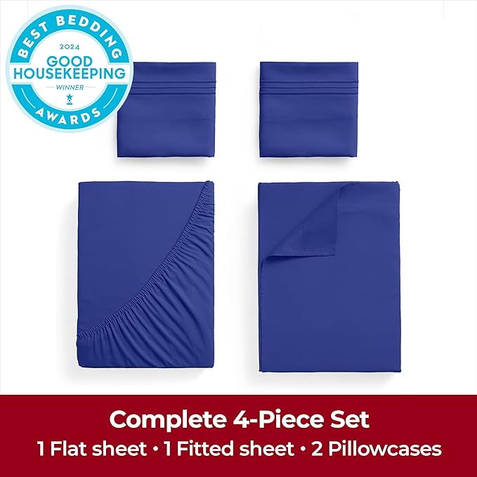Mellanni Extra Deep King Sheets - 4 PC Iconic Collection Bedding Sheets & Pillowcases - Hotel Luxury, Ultra Soft, Cooling Bed Sheets - Extra Deep Pocket up to 21 inch (King, Royal Blue) - LeafyLoom