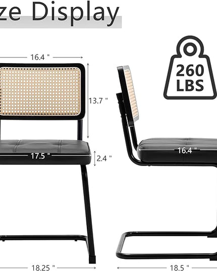 Rattan Dining Chairs Set of 2, Mid Century Modern PU Leather Dining Room Kitchen Chairs with Cane Back, Metal Chrome Legs, Upholstered Wicker Armless Accent Chairs, Black - LeafyLoom