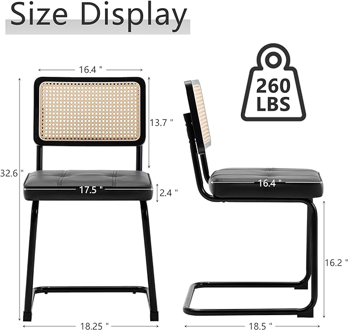 Rattan Dining Chairs Set of 2, Mid Century Modern PU Leather Dining Room Kitchen Chairs with Cane Back, Metal Chrome Legs, Upholstered Wicker Armless Accent Chairs, Black - LeafyLoom