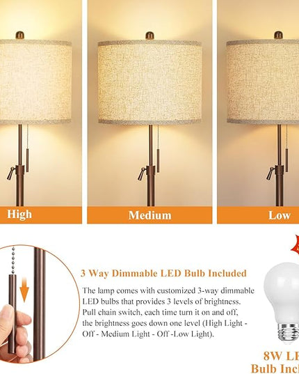 Metal Brown Floor Lamp for Living Room, Adjustable Height Standing Lamp, Pole Light for Bedroom, with Linen Shade and Metal Base, Pull Chain Switch, 3-Way 8W LED Bulb Included - LeafyLoom
