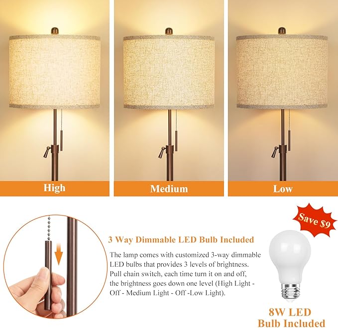 Metal Brown Floor Lamp for Living Room, Adjustable Height Standing Lamp, Pole Light for Bedroom, with Linen Shade and Metal Base, Pull Chain Switch, 3-Way 8W LED Bulb Included - LeafyLoom