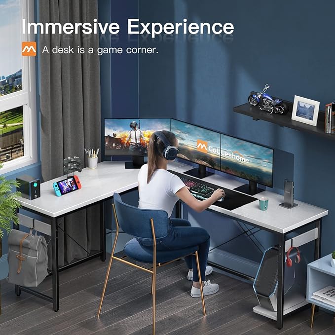 Coleshome 66" L Shaped Gaming Desk, L Shaped Desk, Computer Desk, Gaming Desk, Writing Desk, Home Office Desk, White - LeafyLoom
