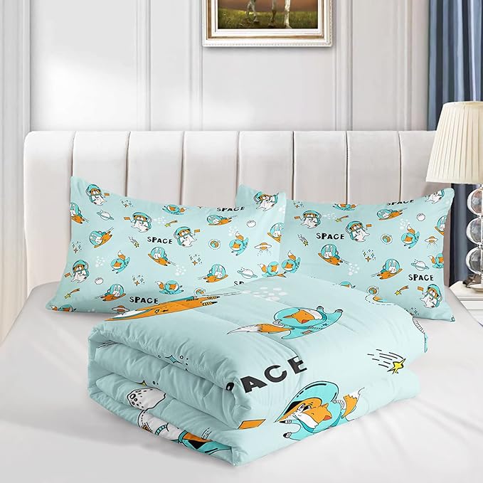 Kawaii Dog Rabbit Fox Comforter Set 3 Pieces Universe Galaxy Outer Space Bedding Set Astronaut Rocket Bed Quilt Set for Girls Boys Kids Blue - LeafyLoom
