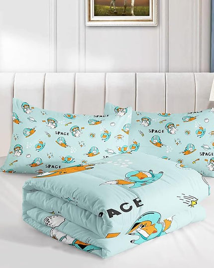 Kawaii Dog Rabbit Fox Comforter Set 3 Pieces Universe Galaxy Outer Space Bedding Set Astronaut Rocket Bed Quilt Set for Girls Boys Kids Blue - LeafyLoom