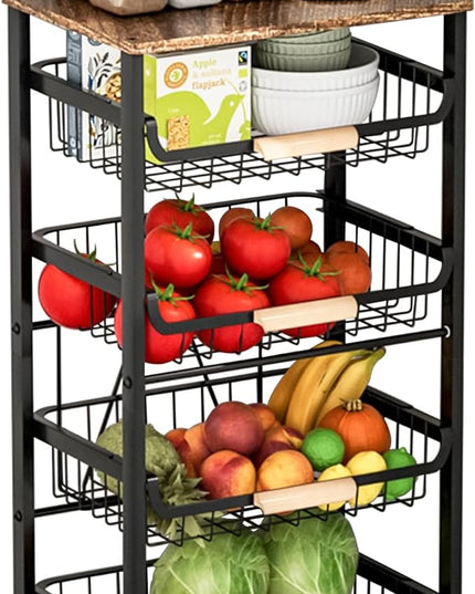 Pull-Out Kitchen Storage Cart 5 Tier Kitchen Fruit Cart on Wheels,Fruit Basket for Kitchen,Bedroom Kitchen Organizer and Storage Rack, Potato Onion Vegetable Storage (Black) - LeafyLoom