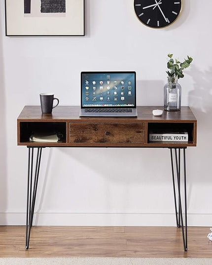 VECELO 39.3" Home Office Work Table with Drawers Computer Desk Writing/Study, 39 Inch Hairpin Legs, Retro Brown - LeafyLoom