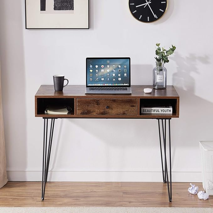 VECELO 39.3" Home Office Work Table with Drawers Computer Desk Writing/Study, 39 Inch Hairpin Legs, Retro Brown - LeafyLoom