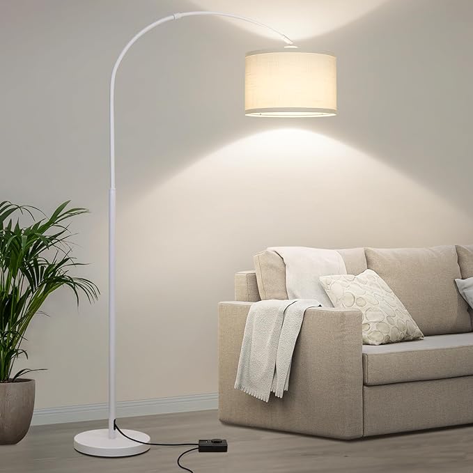 Seaside village Standing Lamp for Living Room, Dimmable Arc Floor Lamp with White Adjustable Hanging Shade, Modern Pole Lamp Tall Reading Light for Bedroom, Over Couch, Office, 9W LED Bulb Included - LeafyLoom