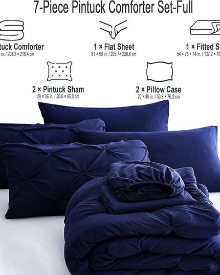 Ubauba 7pc Full Size Bed Comforter Set with Sheets, Dark Blue Pinch Pleating 7 Piece Bed in a Bag, Pintuck Royal Blue Bedding Sets for All Season (Navy,Full) - LeafyLoom