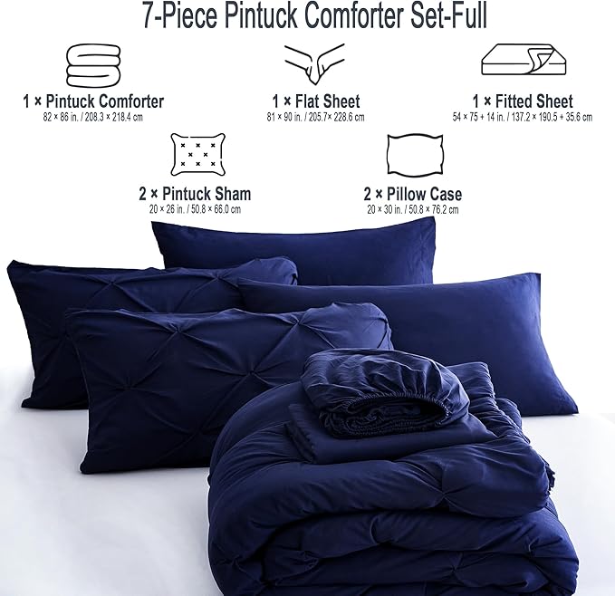 Ubauba 7pc Full Size Bed Comforter Set with Sheets, Dark Blue Pinch Pleating 7 Piece Bed in a Bag, Pintuck Royal Blue Bedding Sets for All Season (Navy,Full) - LeafyLoom