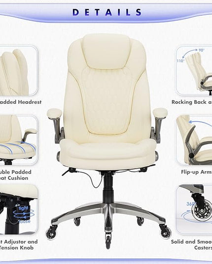 Executive Office Chair-Ergonomic Computer Desk Chair with Upgraded Caster for Swivel, High Back Office Chair with Padded Flip-up Arms, Stylish Leather Chair Thicken Seat for Comfort (Ivory, 300lbs) - LeafyLoom