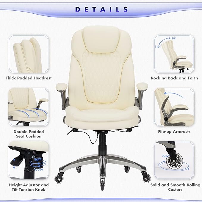 Executive Office Chair-Ergonomic Computer Desk Chair with Upgraded Caster for Swivel, High Back Office Chair with Padded Flip-up Arms, Stylish Leather Chair Thicken Seat for Comfort (Ivory, 300lbs) - LeafyLoom