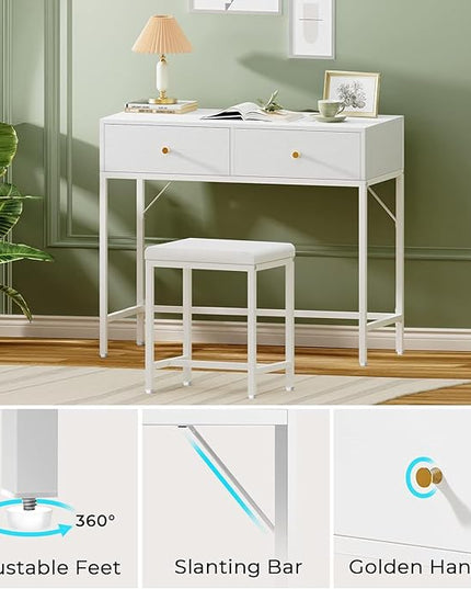 SUPERJARE 35.4" White Desk with 2 Drawers, Modern Makeup Vanity Desk with Padded Stool, Small Computer Desk Home Office Desk for Writing Study Bedroom - LeafyLoom