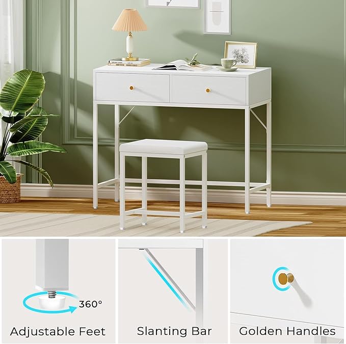 SUPERJARE 35.4" White Desk with 2 Drawers, Modern Makeup Vanity Desk with Padded Stool, Small Computer Desk Home Office Desk for Writing Study Bedroom - LeafyLoom