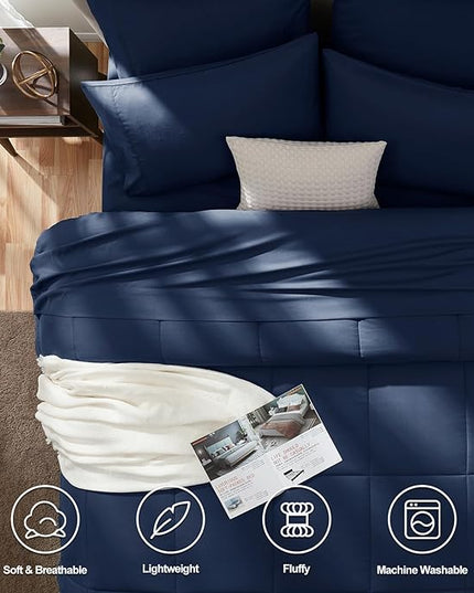 CozyLux Queen Comforter Set - 7 Pieces Bed in a Bag Set Navy Blue Queen, Complete Bedding Sets Bed Set for All Season with Comforter, Flat Sheets, Fitted Sheet, Pillowcases & Shams - LeafyLoom